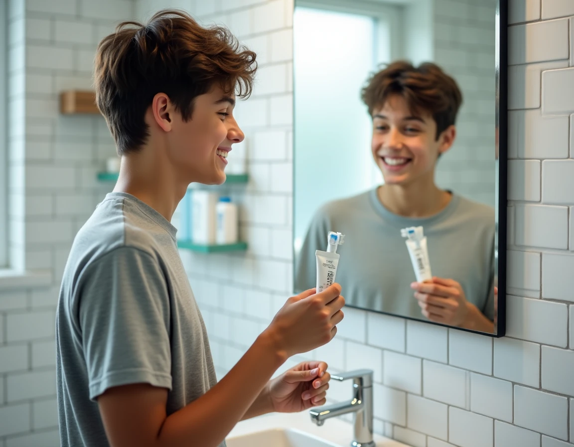 Adolescent se brossant les dents avec du dentifrice blanchissant dans une salle de bain