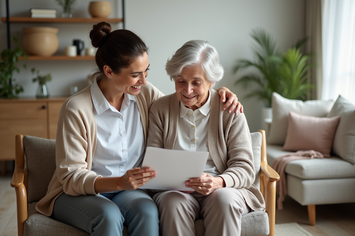 Femme âgée aidée par une jeune aidante souriante