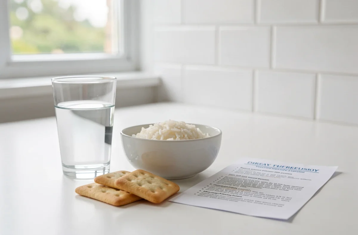 Alimentation légère et diète digestive avec riz blanc, crackers et conseils nutritionnels pour troubles gastro-intestinaux