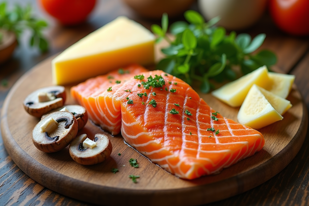Assortiment de saumon, œufs et champignons sur planche en bois