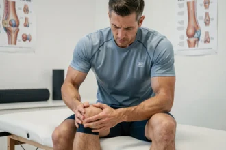 Athlète masculin examinant son genou dans une clinique de rééducation sportive spécialisée en algoneurodystrophie
