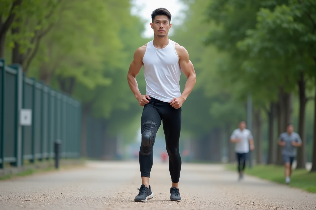 Jeune homme ajustant un support de genou en extérieur