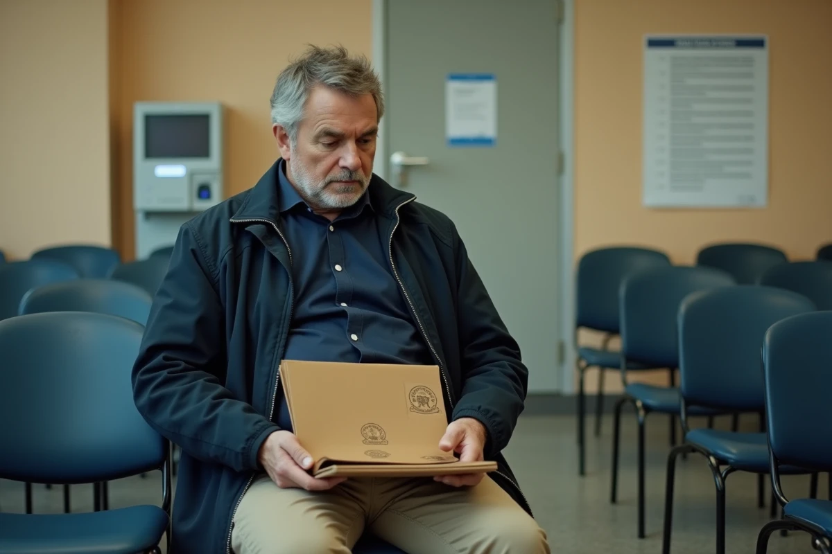 Homme attendant dans une salle d'attente administrative avec son dossier MDPH pour renouvellement de droits