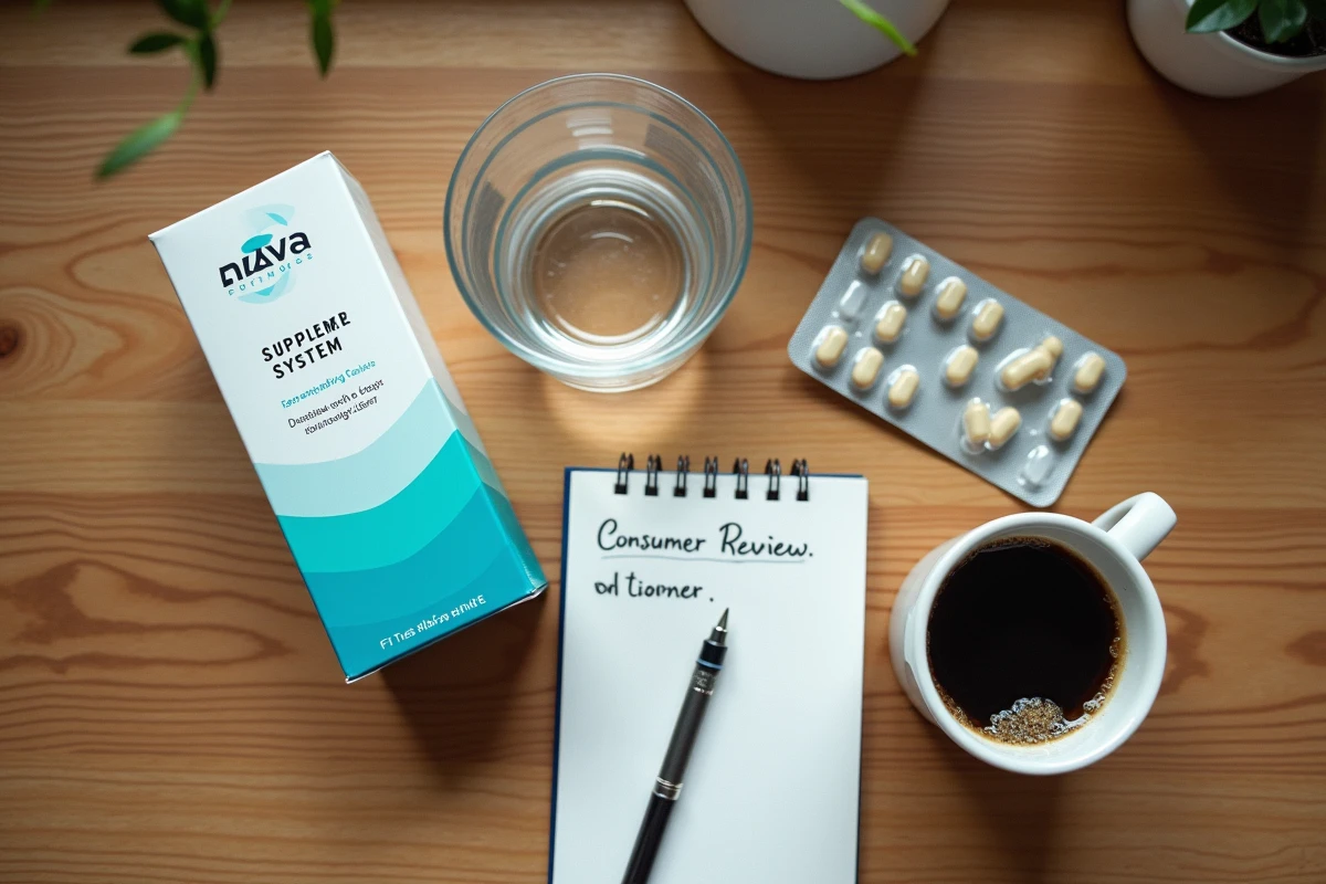 Avis consommateur sur Indiva System avec boîte, capsules et carnet de notes posés sur une table en bois
