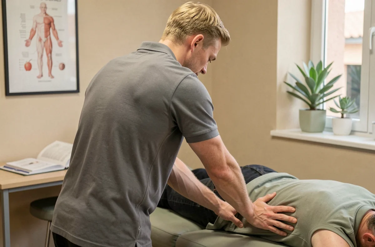 Baptiste Blanchard, ostéopathe, effectuant une technique myofasciale sur un patient à Montpellier