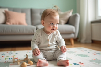 Bébé fille assise en body coton dans un salon doux
