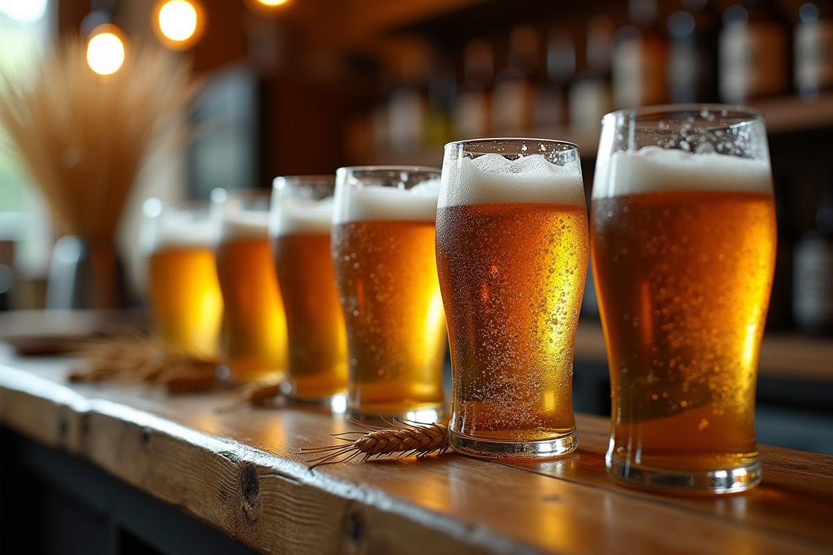 Gros plan sur bouteilles de bière sans gluten sur un bar en bois