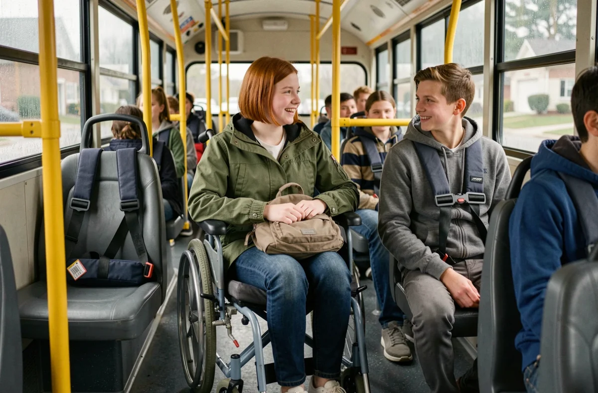 Adolescente en fauteuil roulant sécurisée dans un bus scolaire adapté aux élèves en situation de handicap