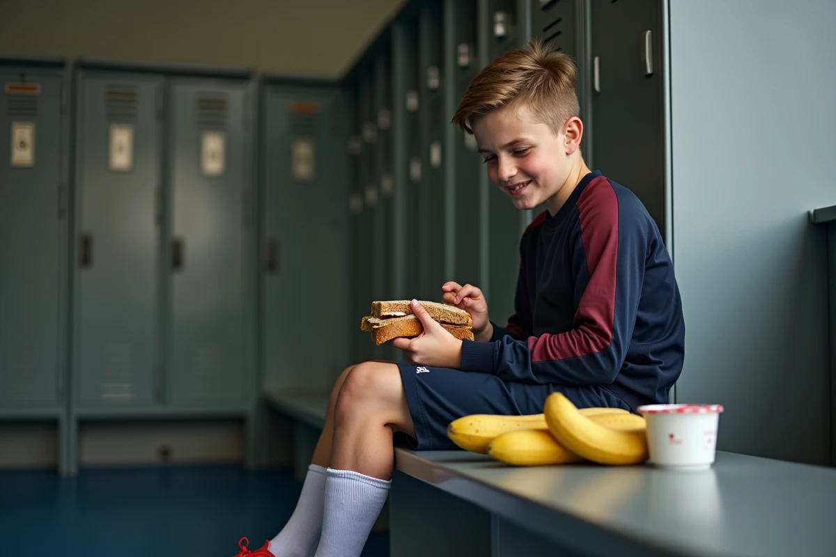 Adolescent footballeur mangeant une collation équilibrée après l'entraînement pour prévenir la maladie de Sever