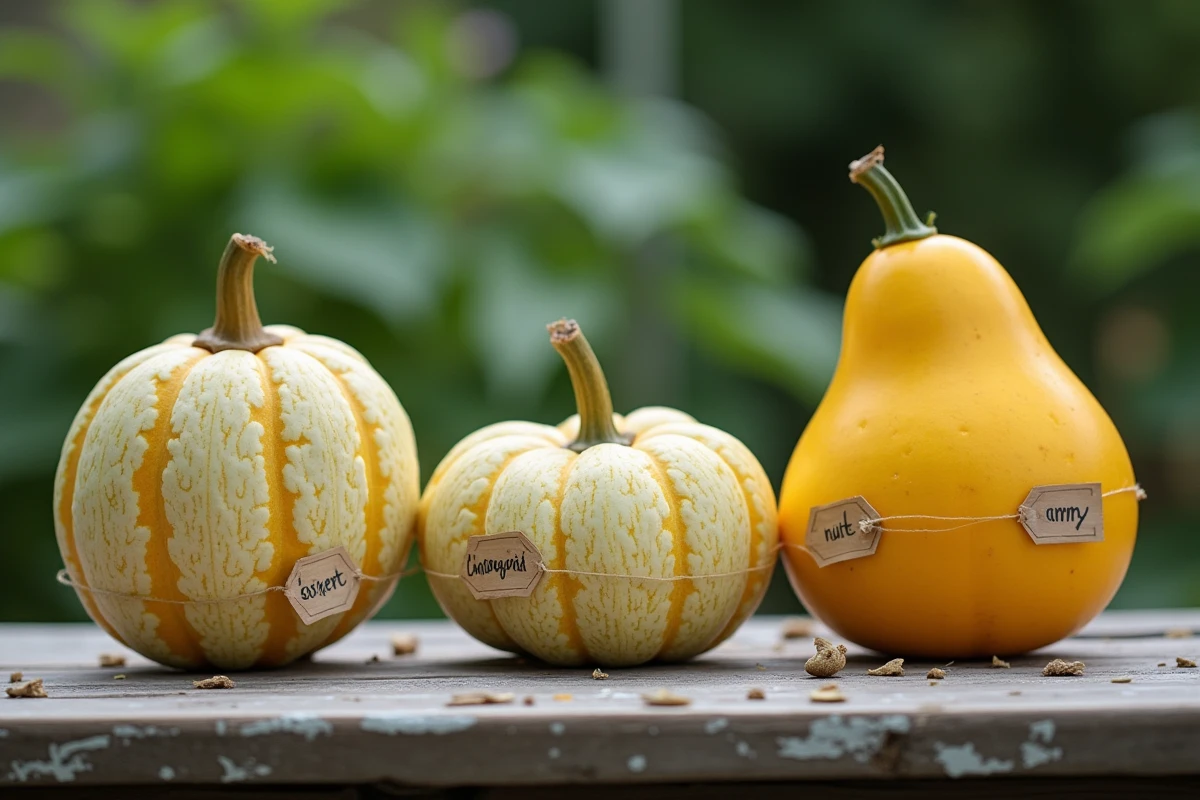 Comparaison entre coloquinte toxique, courge décorative et concombre au potager sur table en bois