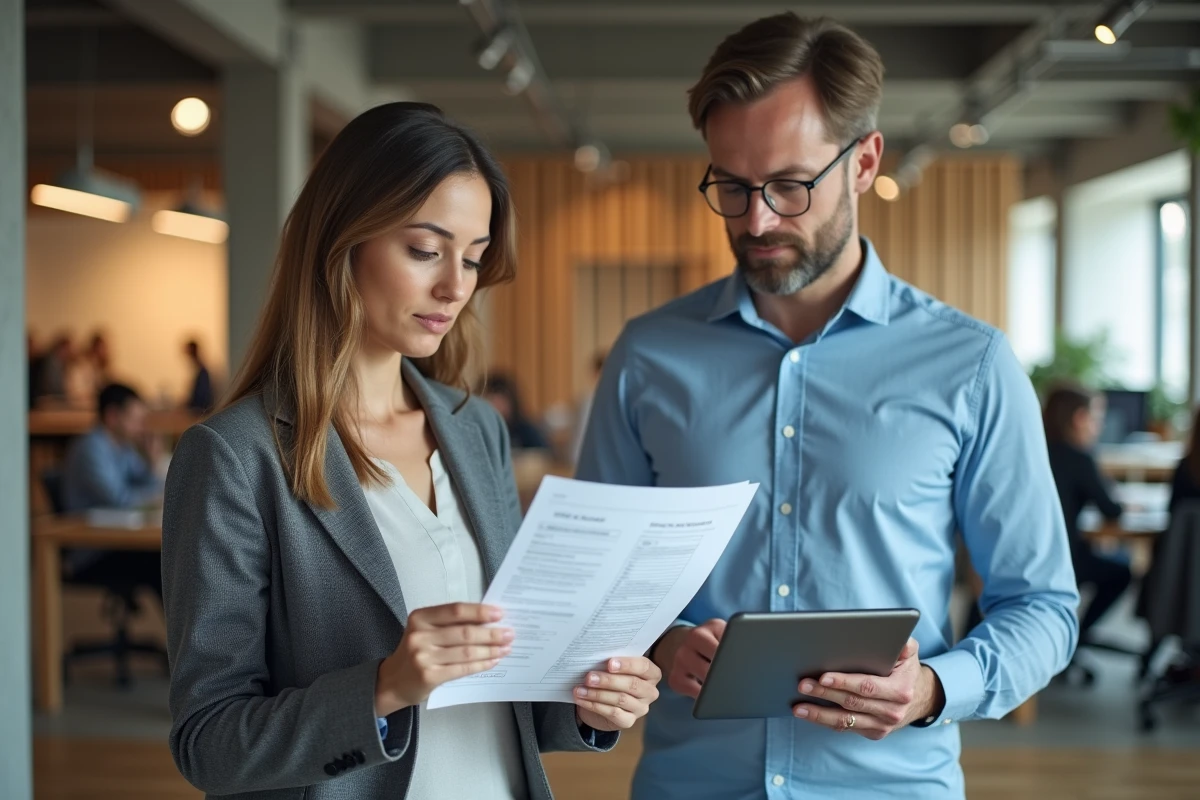 Deux collègues comparant un document papier imprimé et sa version numérique sur tablette dans un espace de coworking contemporain