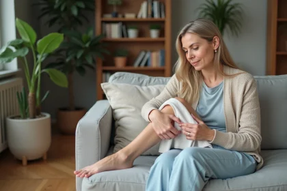 Femme assise sur un canapé avec compresse froide sur la jambe