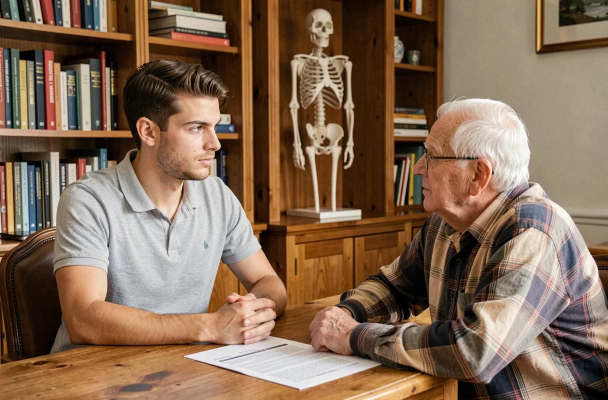 Consultation ostéopathique entre un praticien et un patient âgé dans un cabinet du Doubs