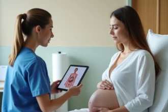 Sage-femme expliquant la dilatation du col à une femme enceinte lors d'une consultation prénatale en salle d'examen