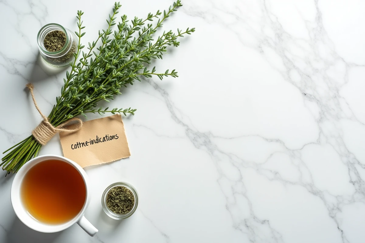 Vue de dessus d'un arrangement de thym frais, thym séché en bocal et note manuscrite sur les contre-indications avec une tasse de tisane