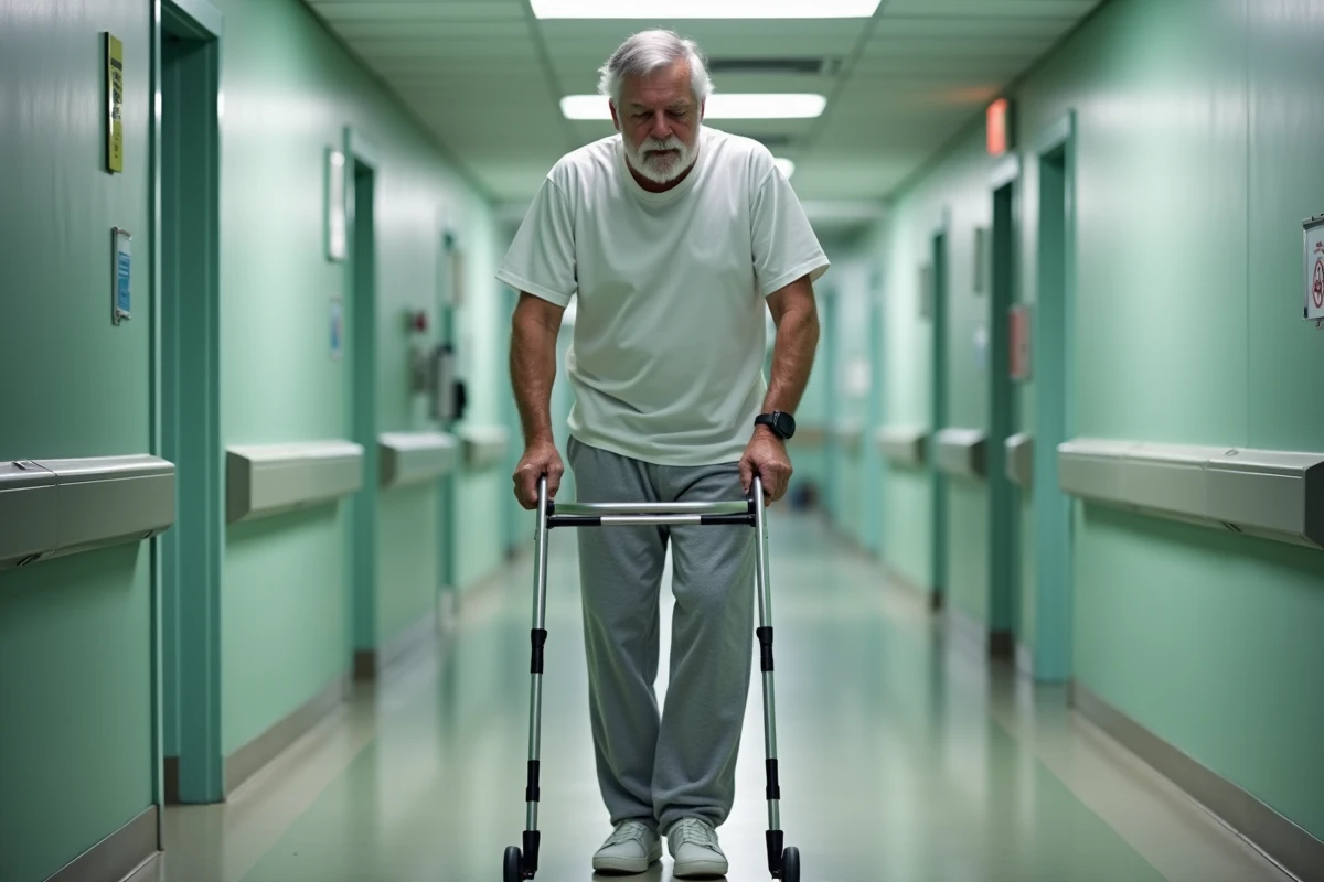 Patient âgé utilisant un déambulateur pour marcher dans un couloir d'hôpital lors de la convalescence après une fracture du bassin