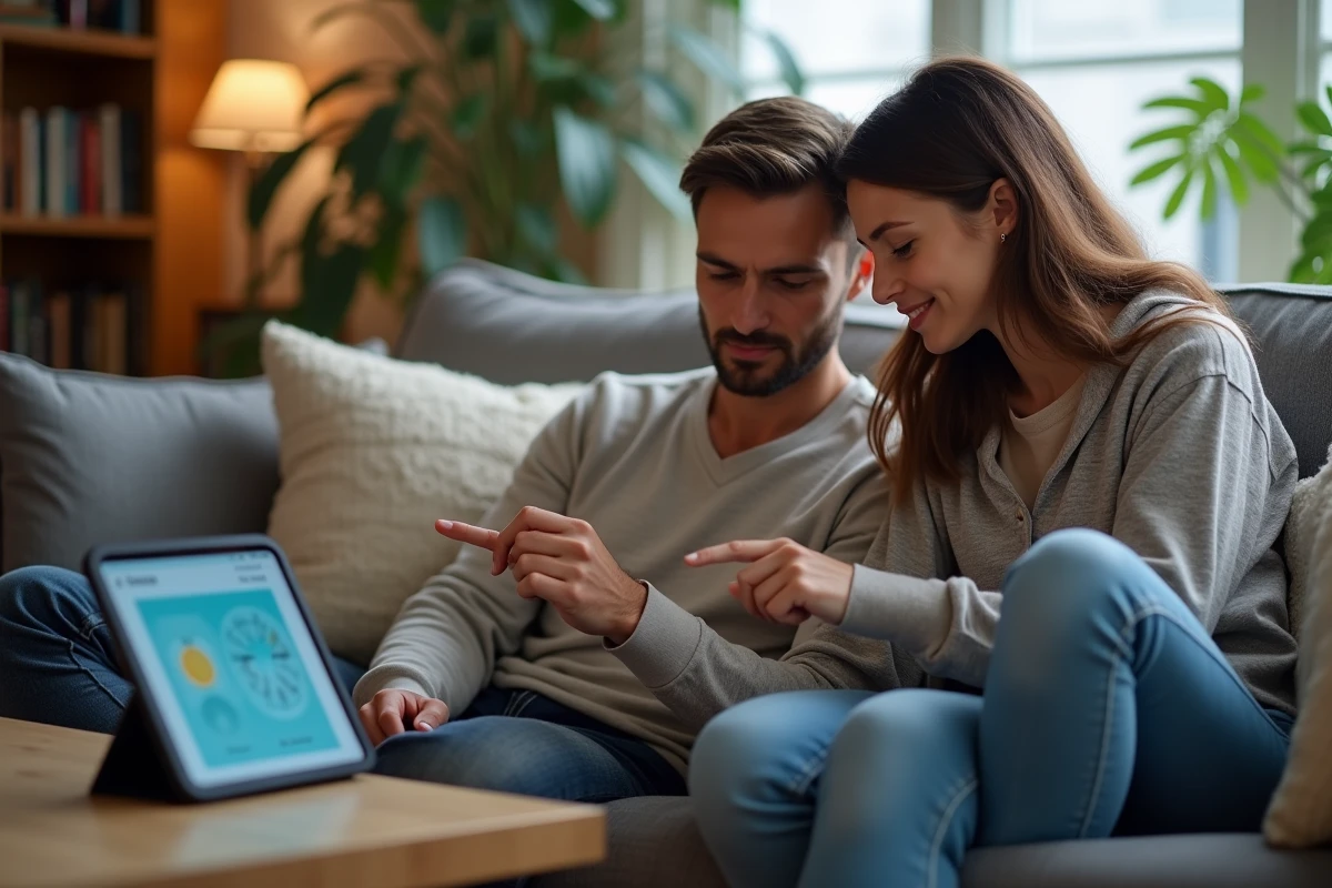Couple comparant un site web et une application mobile de calcul de sommeil sur une tablette