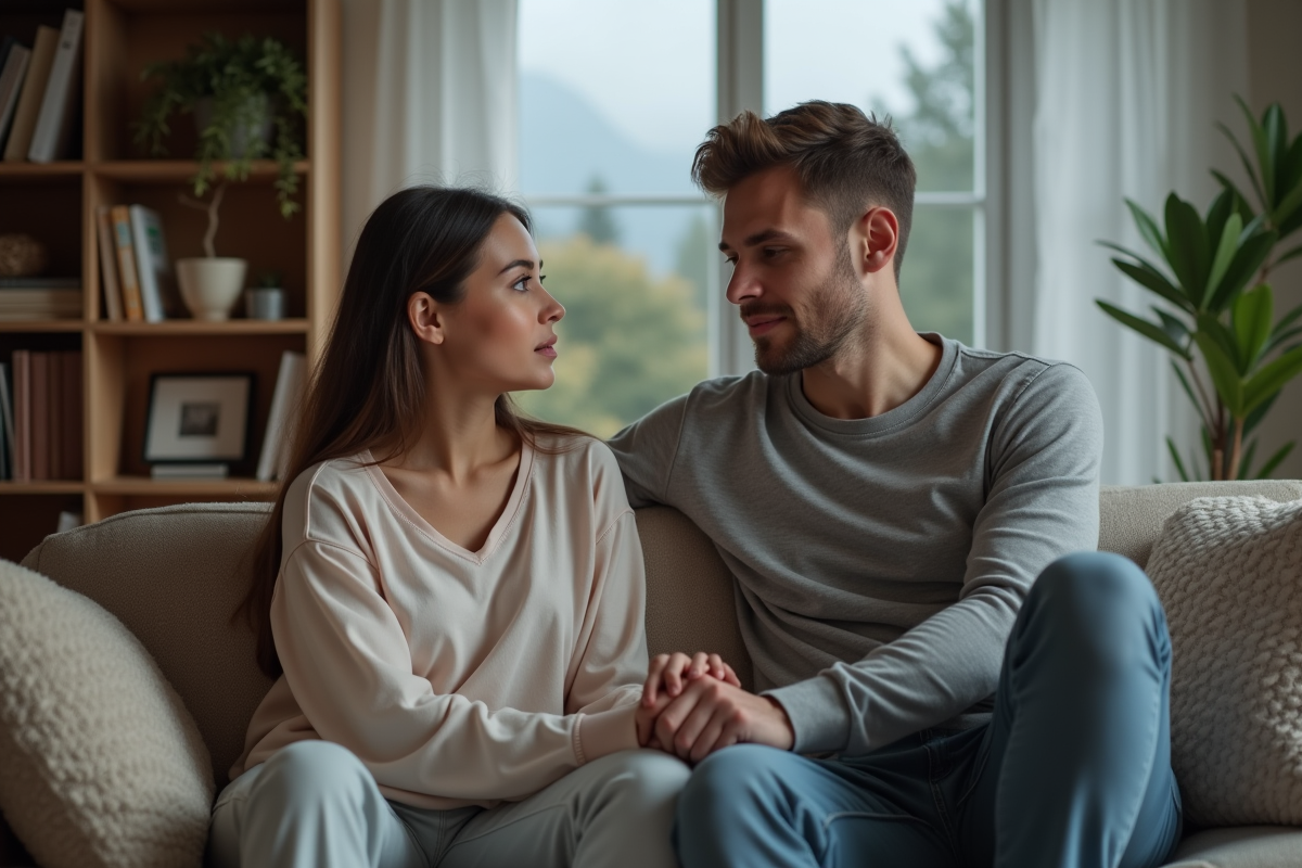 Jeune couple à la maison dans un salon cosy et chaleureux