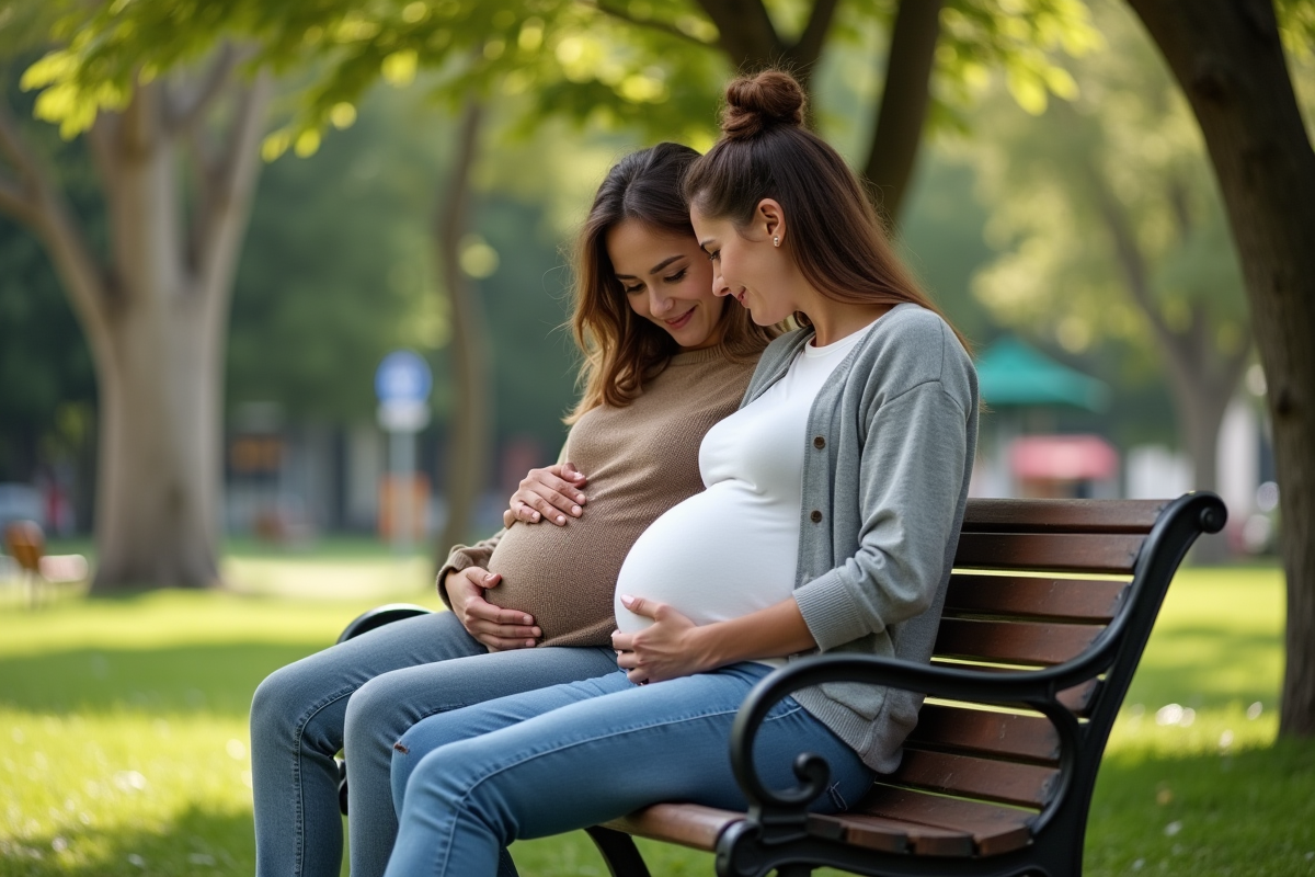 Couple enceinte assis sur un banc dans un parc urbain