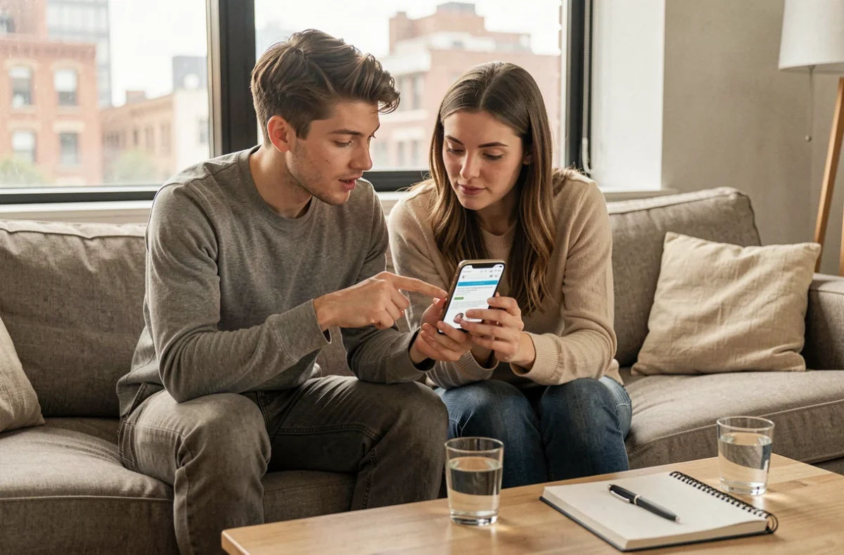 Couple consultant ensemble un article de blog médical sur smartphone dans leur salon, expression attentive et curieuse