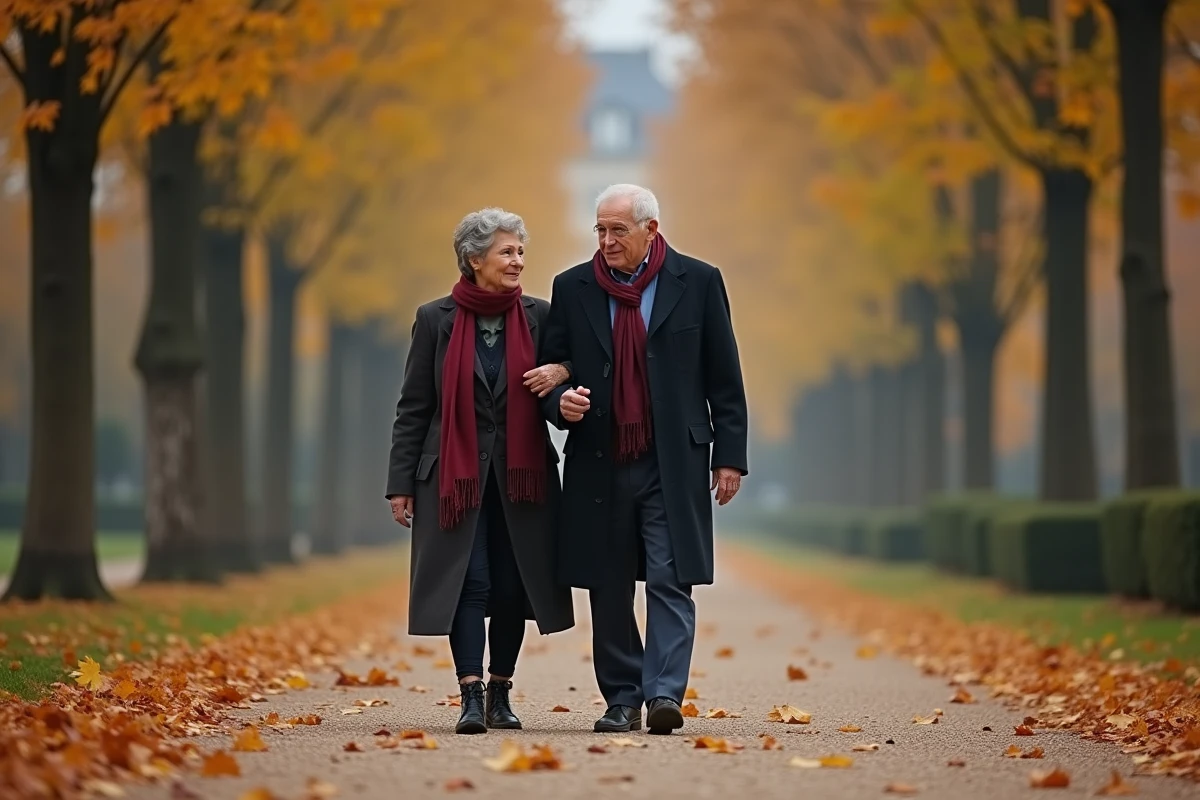 Couple de personnes âgées se promenant dans un parc parisien en automne, symbolisant le soutien face à la maladie