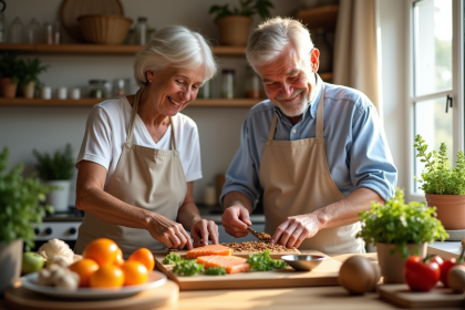 Couple senior souriant préparant un repas vitaminé en cuisine