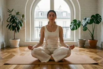 Femme pratiquant la méditation assise en tailleur sur un tapis en liège dans un studio parisien lumineux avec parquet en chêne et vue sur les toits haussmanniens