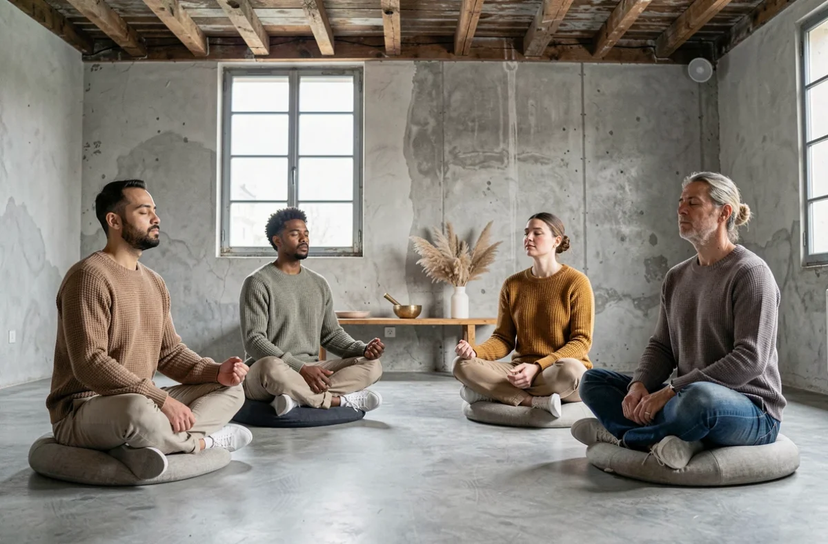 Groupe de personnes méditant en cercle sur des coussins zafu dans un centre de méditation parisien au décor en béton brut et poutres en bois