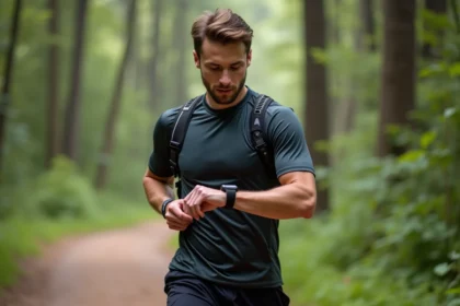Coureur en pleine nature vérteuse pour article fitness