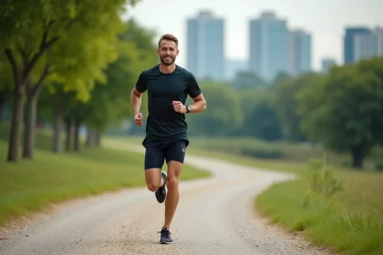 Homme courant dans un parc urbain en pleine nature