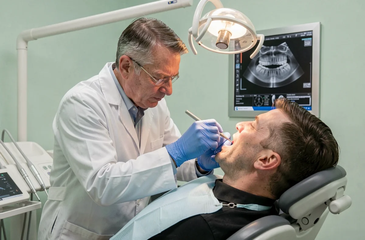 Dentiste examinant la mâchoire d'un patient pour détecter une anomalie buccale ou une douleur suspecte