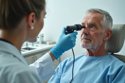Dermatologue examinant une lésion suspecte sur le nez d'un patient âgé lors d'une consultation médicale