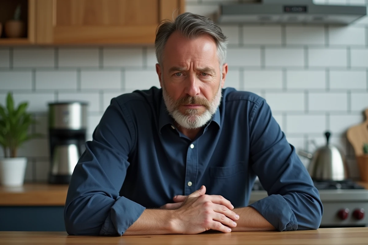 Homme d'âge moyen touchant son aisselle gauche avec une expression de gêne, assis à une table de cuisine