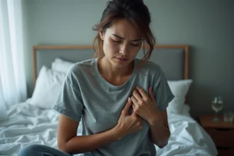 Femme ressentant une douleur sous l'aisselle gauche au repos, assise sur un lit, tenant son côté gauche avec une expression préoccupée