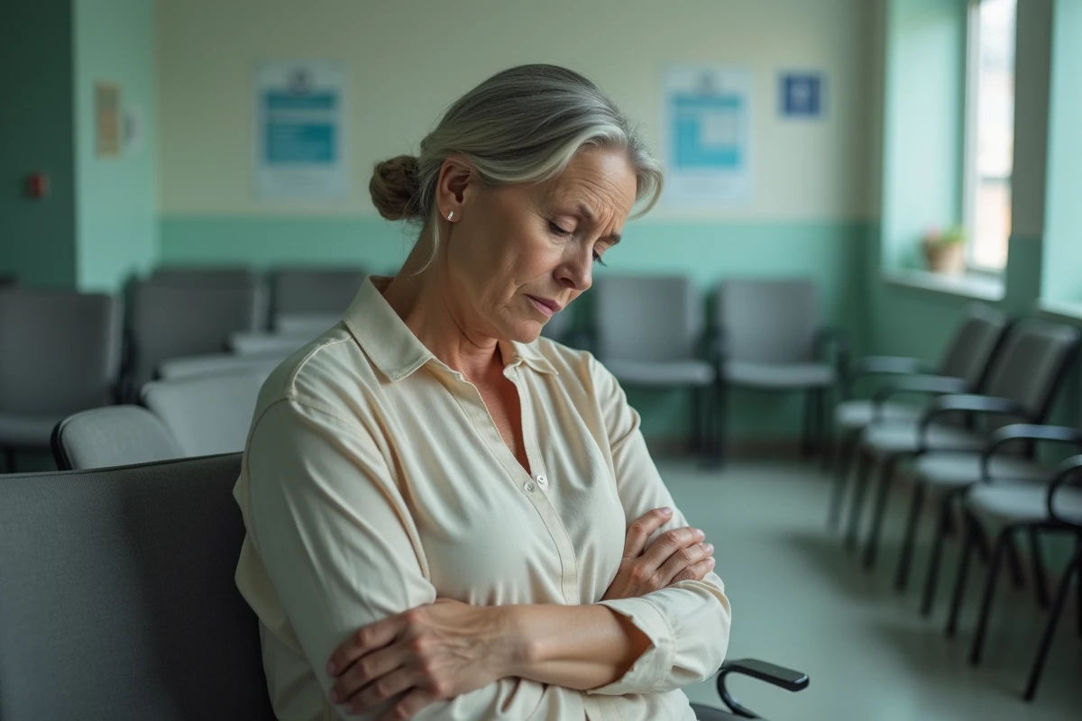 Femme mature dans une salle d'attente médicale tenant son aisselle gauche, illustrant une consultation pour douleur persistante