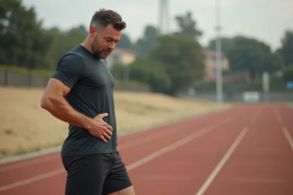 Coureur tenant son bas du dos côté droit en plein effort sur une piste d'athlétisme, illustrant la douleur dorsale liée au sport