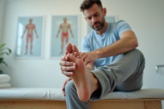 Homme appuyant sur son talon douloureux lors d'un examen en cabinet de kinésithérapie, illustrant la douleur au talon et l'éperon calcanéen