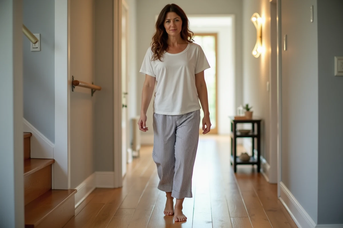 Femme marchant avec difficulté pieds nus le matin à cause d'une douleur au talon, symptôme typique de l'éperon calcanéen