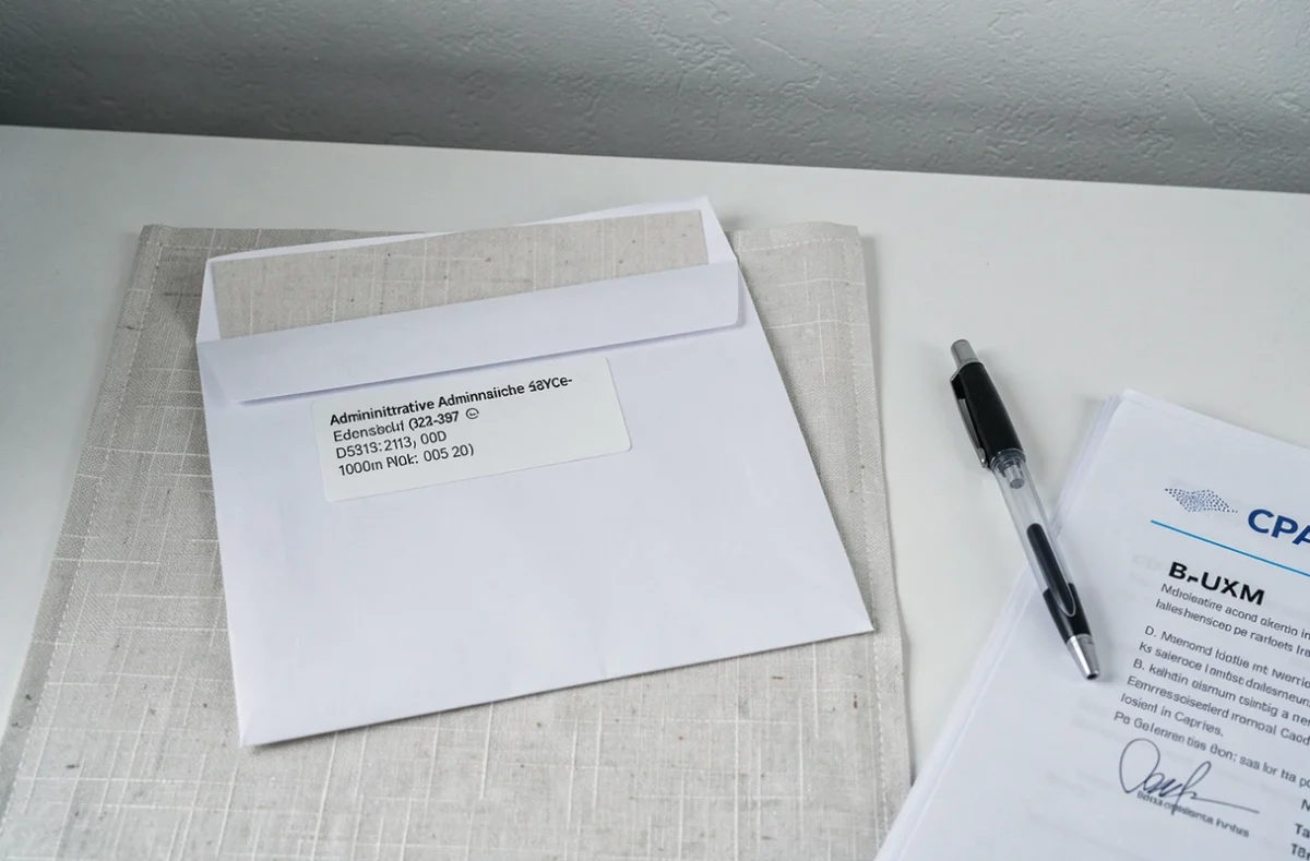 Enveloppe adressée à la CPAM de Lyon posée sur un bureau avec des documents administratifs de santé