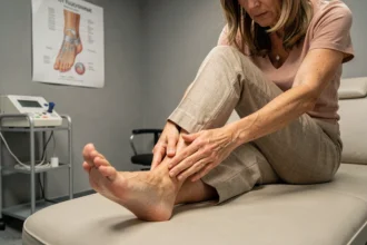 Femme d'âge mûr examinant son talon douloureux en cabinet médical, illustrant les symptômes de l'épine calcanéenne avant traitement
