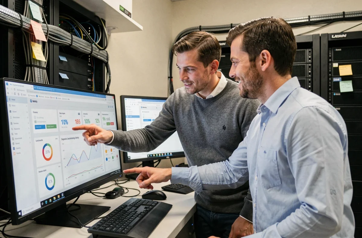 Deux collègues informaticiens examinant des tableaux de bord KPI sur un écran avant une intervention de business intelligence