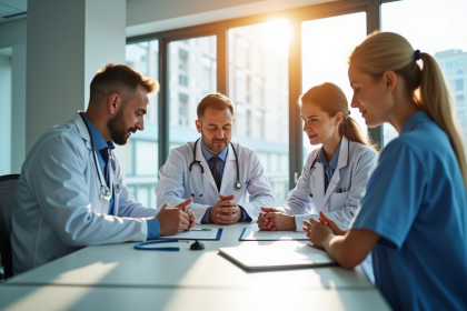 Équipe de professionnels de santé autour d'une table d'hôpital