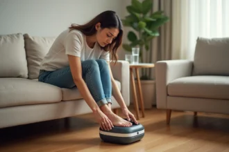 Femme utilisant incorrectement un appareil de massage de pied sur un canapé beige, illustrant les erreurs fréquentes d'utilisation