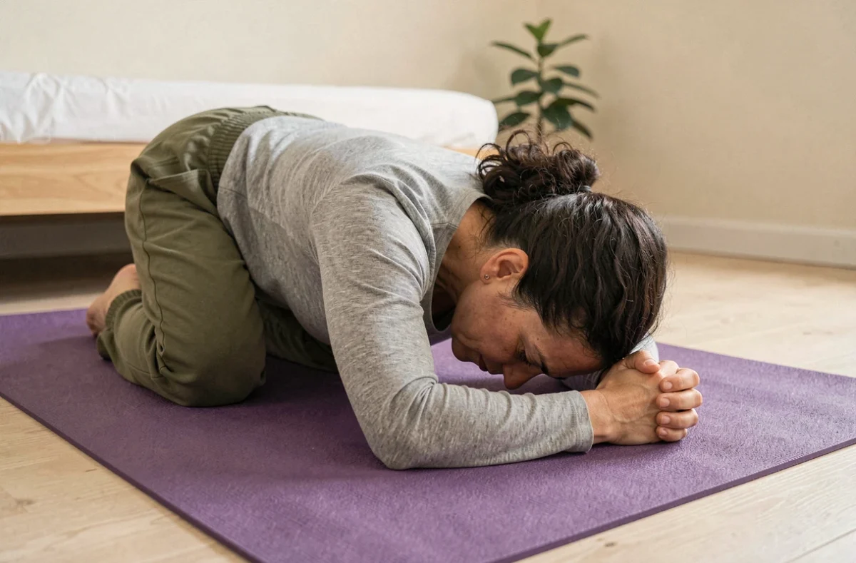 Femme pratiquant une posture d'étirement en fin de journée sur un tapis de yoga pour atténuer les douleurs de la sciatique le soir