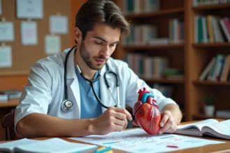 Étudiant en médecine révisant les foyers d'auscultation cardiaque avec une carte mentale manuscrite et un modèle anatomique du cœur sur un bureau de bibliothèque