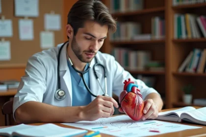 Étudiant en médecine révisant les foyers d'auscultation cardiaque avec une carte mentale manuscrite et un modèle anatomique du cœur sur un bureau de bibliothèque