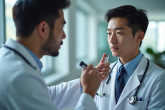 Médecin testant les réflexes d'un jeune patient dans un cabinet moderne
