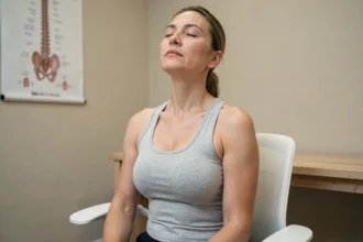 Femme pratiquant un exercice de rétraction cervicale assis sur une chaise ergonomique dans un cabinet de kinésithérapie pour soulager la rectitude rachidienne cervicale
