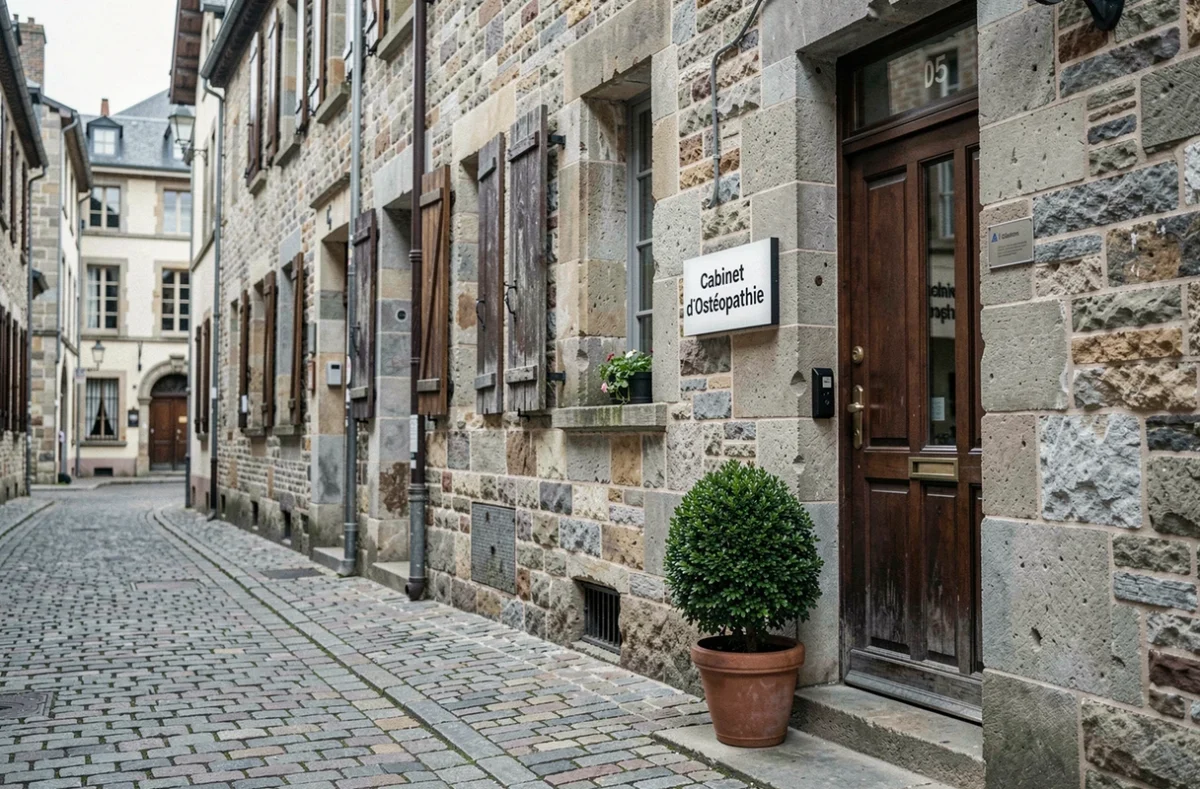 Façade d'un cabinet d'ostéopathie dans une rue en pierre typique de Besançon dans le Doubs