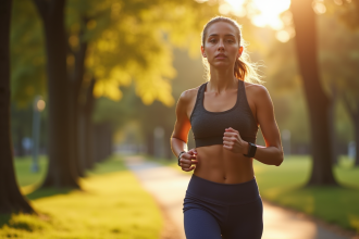 Jeune femme en tenue sportive marchant dans un parc urbain ensoleille